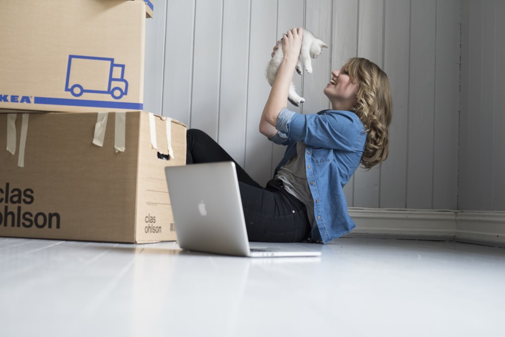 Dame holder katt med flytte esker på gulvet. foto